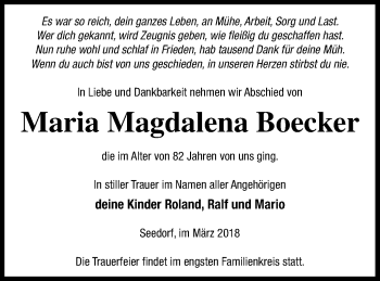 Traueranzeige von Maria Magdalena Boecker von Demminer Zeitung