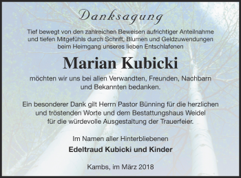 Traueranzeige von Marian Kubicki von Müritz-Zeitung