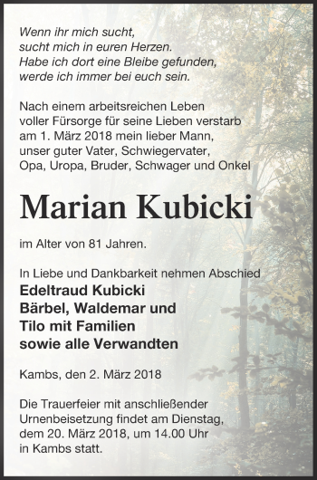 Traueranzeige von Marian Kubicki von Müritz-Zeitung