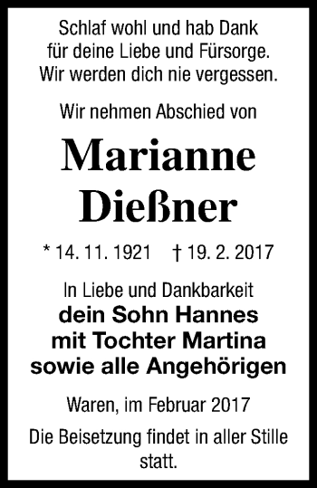 Traueranzeige von Marianne Dießner von Müritz-Zeitung