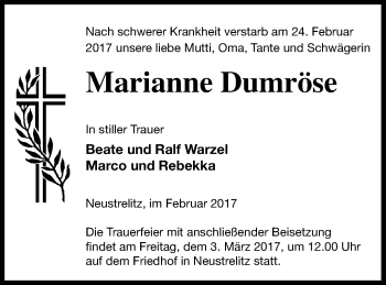 Traueranzeige von Marianne Dumröse von Strelitzer Zeitung