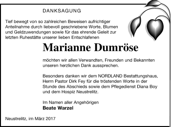 Traueranzeige von Marianne Dumröse von Strelitzer Zeitung