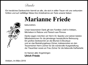 Traueranzeige von Marianne Friede von Vorpommern Kurier