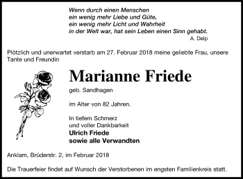 Traueranzeige von Marianne Friede von Vorpommern Kurier