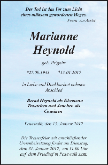 Traueranzeige von Marianne Heynol von Pasewalker Zeitung