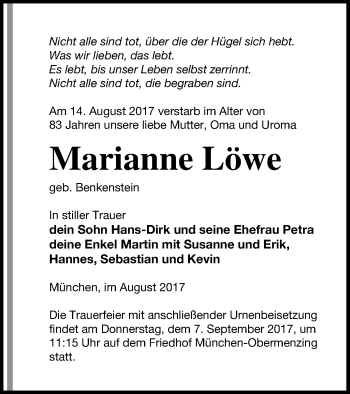 Traueranzeige von Marianne Löwe von Neubrandenburger Zeitung