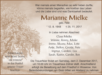 Traueranzeige von Marianne Mielke von Vorpommern Kurier