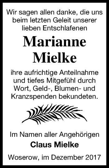 Traueranzeige von Marianne Mielke von Vorpommern Kurier