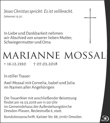 Traueranzeige von Marianne Mossal von Prenzlauer Zeitung