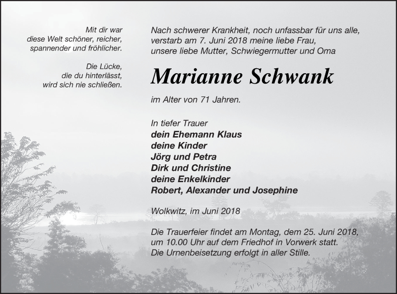  Traueranzeige für Marianne Schwank vom 12.06.2018 aus Demminer Zeitung