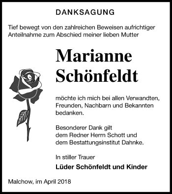 Traueranzeige von Marianne Schönfeldt von Müritz-Zeitung