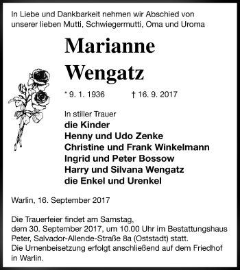 Traueranzeige von Marianne Wengatz von Neubrandenburger Zeitung