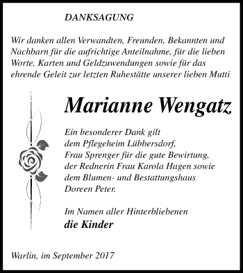 Traueranzeige von Marianne Wengatz von Neubrandenburger Zeitung