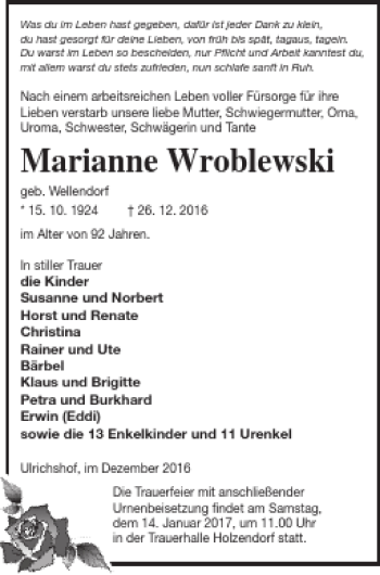 Traueranzeige von Marianne Wroblewski von Neubrandenburger Zeitung