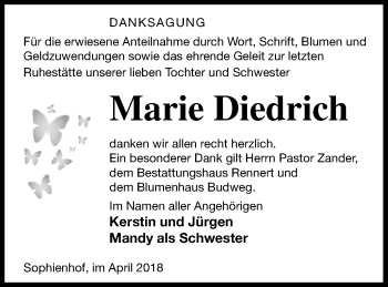 Traueranzeige von Marie Diedrich von Vorpommern Kurier