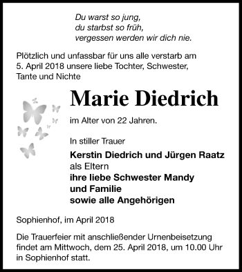 Traueranzeige von Marie Diedrich von Vorpommern Kurier