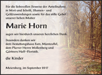 Traueranzeige von Marie Horn von Haff-Zeitung