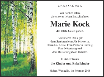 Traueranzeige von Marie Kock von Müritz-Zeitung