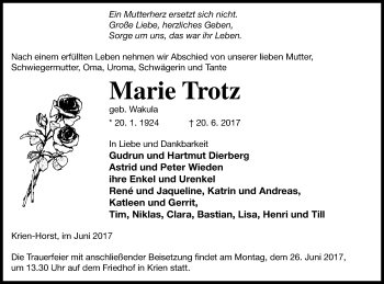 Traueranzeige von Marie Trotz von Vorpommern Kurier