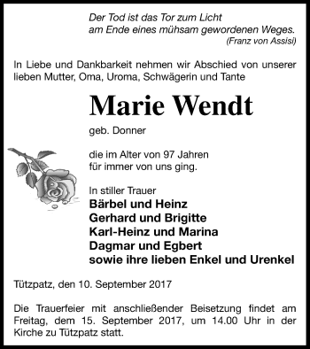 Traueranzeige von Marie Wendt von Neubrandenburger Zeitung