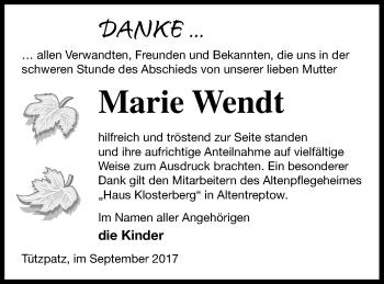 Traueranzeige von Marie Wendt von Neubrandenburger Zeitung