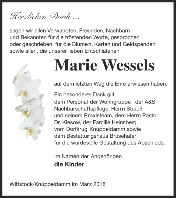 Traueranzeige von Marie Wessels von Müritz-Zeitung