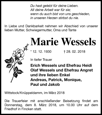 Traueranzeige von Marie Wessels von Müritz-Zeitung