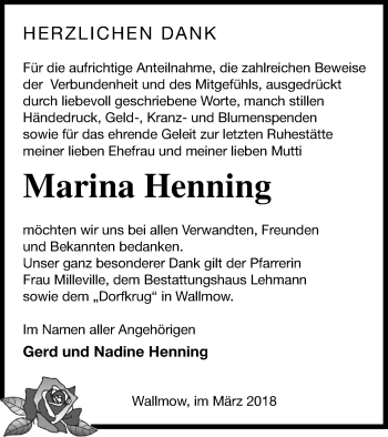 Traueranzeige von Marina Henning von Prenzlauer Zeitung