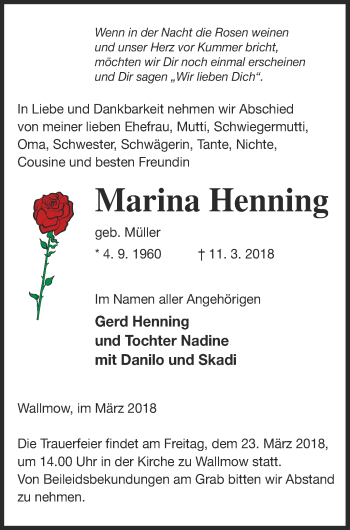 Traueranzeige von Marina Henning von Prenzlauer Zeitung