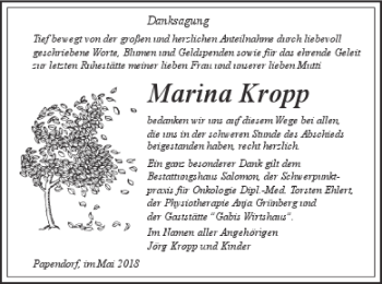 Traueranzeige von Marina Kropp von Pasewalker Zeitung