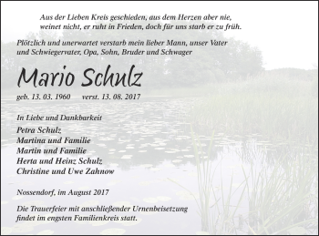 Traueranzeige von Mario Schulz von Demminer Zeitung