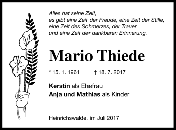 Traueranzeige von Mario Thiede von Pasewalker Zeitung