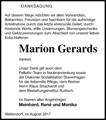 Traueranzeige von Marion Gerards von Mecklenburger Schweiz