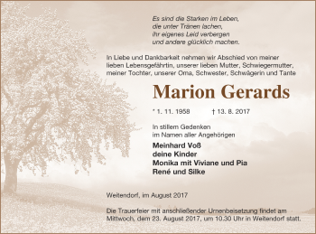 Traueranzeige von Marion Gerards von Mecklenburger Schweiz