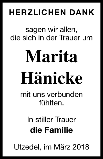 Traueranzeige von Marita Hänicke von Demminer Zeitung