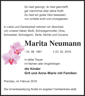 Traueranzeige von Marita Neumann von Prenzlauer Zeitung