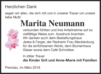 Traueranzeige von Marita Neumann von Prenzlauer Zeitung
