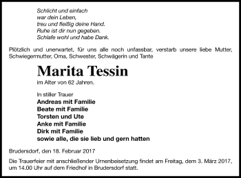 Traueranzeige von Marita Tessin von Mecklenburger Schweiz