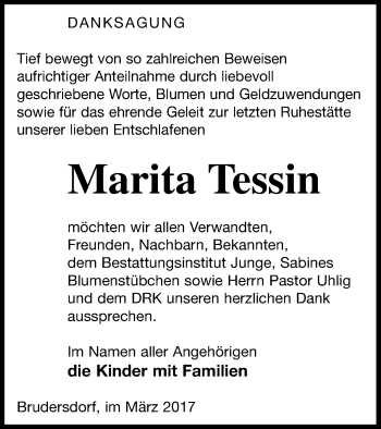 Traueranzeige von Marita Tessin von Mecklenburger Schweiz