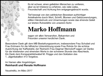 Traueranzeige von Marko Hoffmann von Neubrandenburger Zeitung