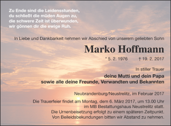 Traueranzeige von Marko Hoffmann von Neubrandenburger Zeitung