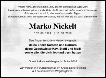 Traueranzeige von Marko Nickelt von Haff-Zeitung