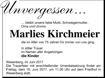 Traueranzeige von Marlies Kirchmeier von Strelitzer Zeitung