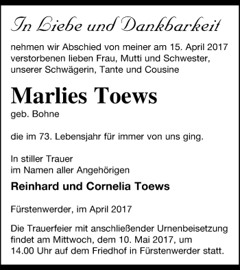 Traueranzeige von Marlies Toews von Prenzlauer Zeitung
