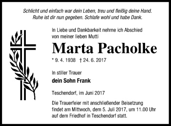 Traueranzeige von Marta Pacholke von Neubrandenburger Zeitung