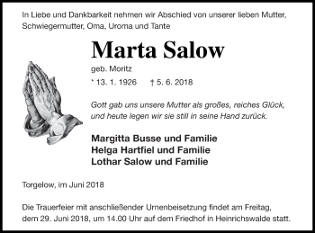 Traueranzeige von Marta Salow von Haff-Zeitung