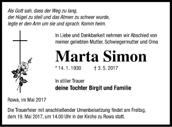 Traueranzeige von Marta Simon von Neubrandenburger Zeitung