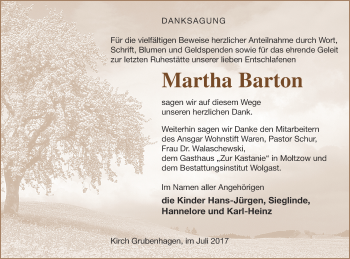 Traueranzeige von Martha Barton von Müritz-Zeitung