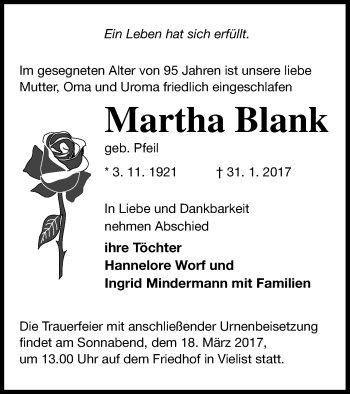 Traueranzeige von Martha Blank von Müritz-Zeitung