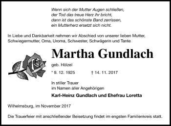 Traueranzeige von Martha Gundlach von Haff-Zeitung